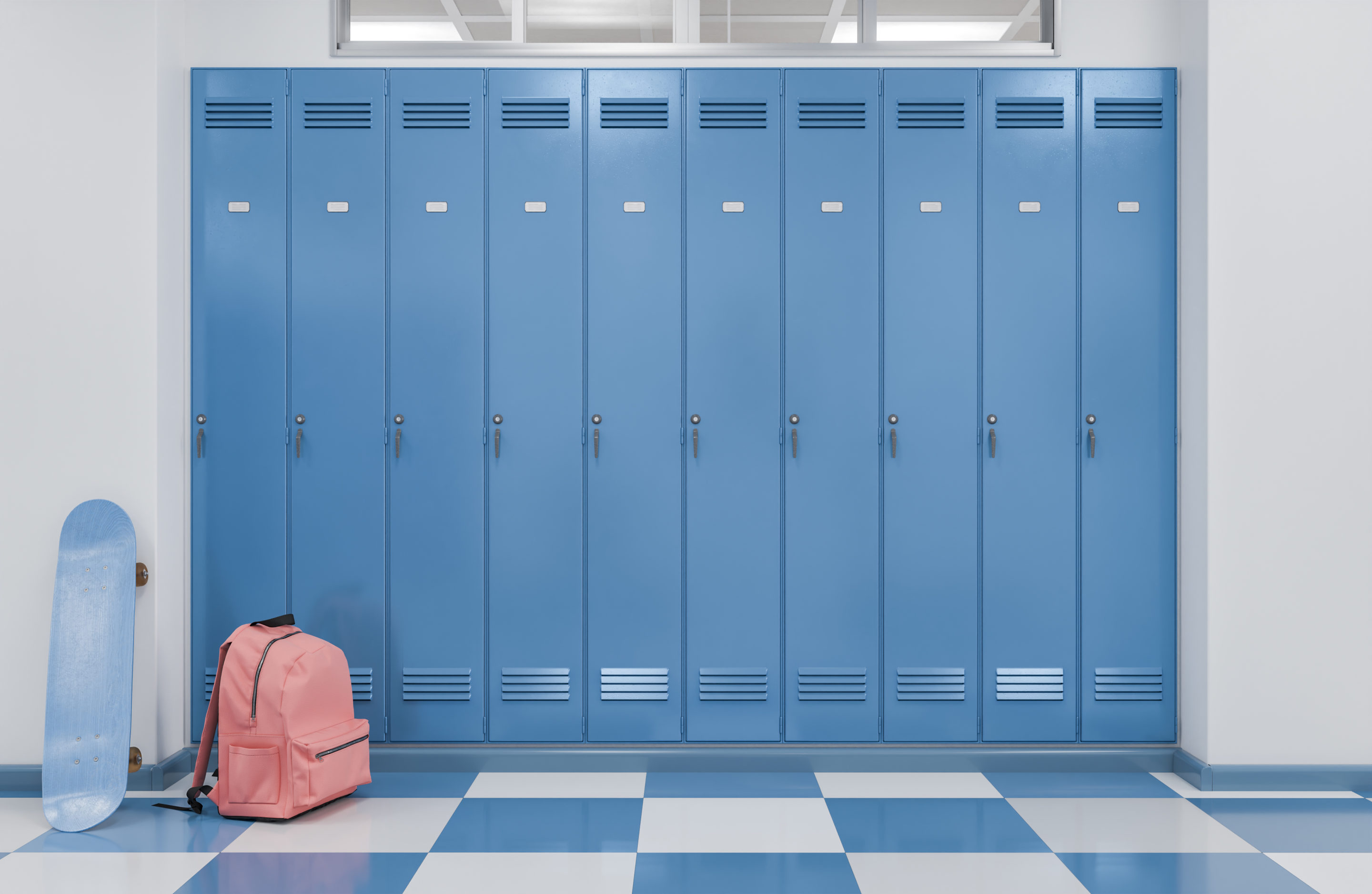 School Hallway with Blue Lockers, Skateboard, and Red Backpack Card photo created by rawpixel.com - www.freepik.com